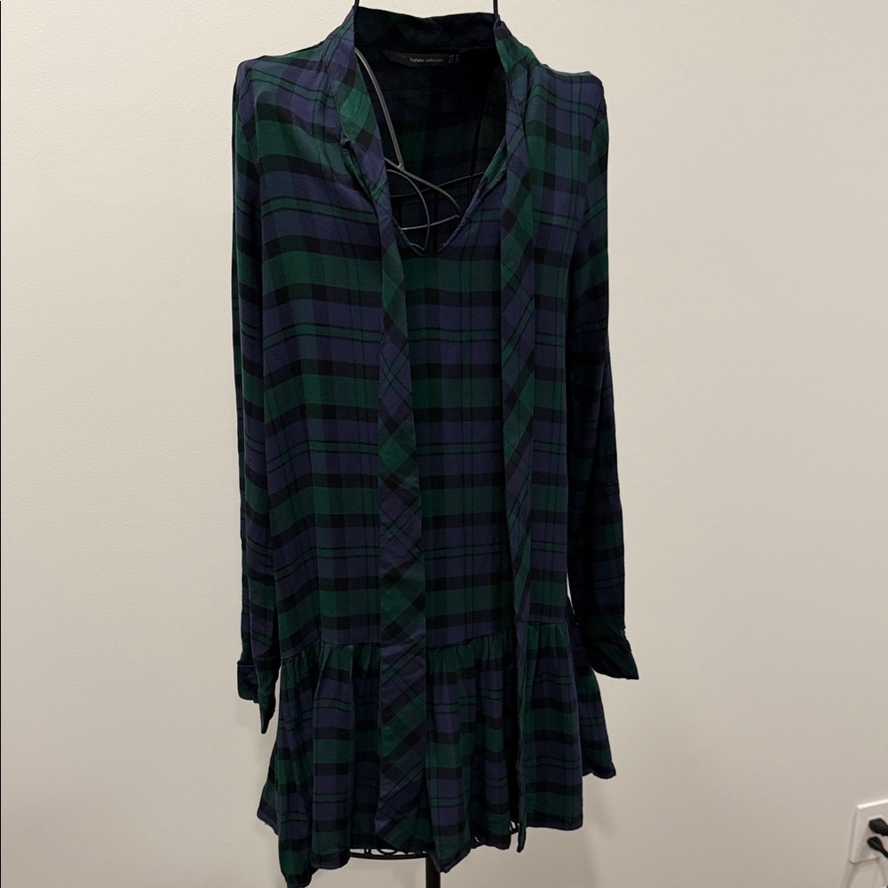 Zara Green and Navy Plaid Long Sleeve Dress